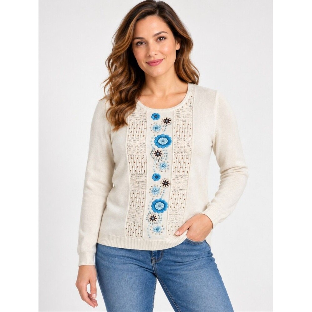 EUC like new Alfred Dunner women's scoop neck embroided floral beaded sweater M